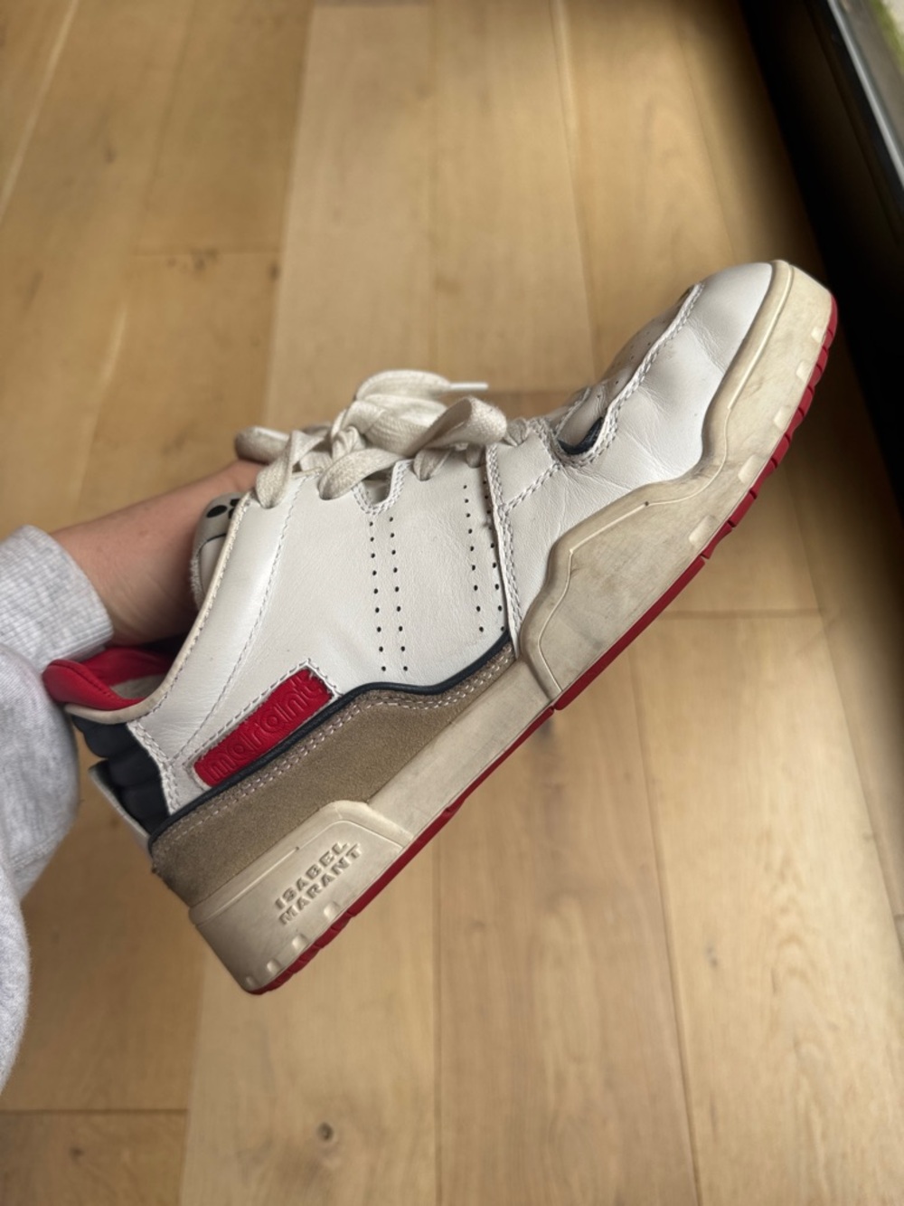 Isabel Marant White Leather Sneakers with Beige Suede and Red Details